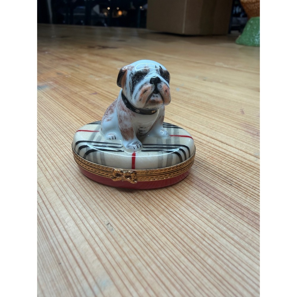 Rochard Limoges France Hand Painted English Bulldog Plaid Trinket Box Peint Main